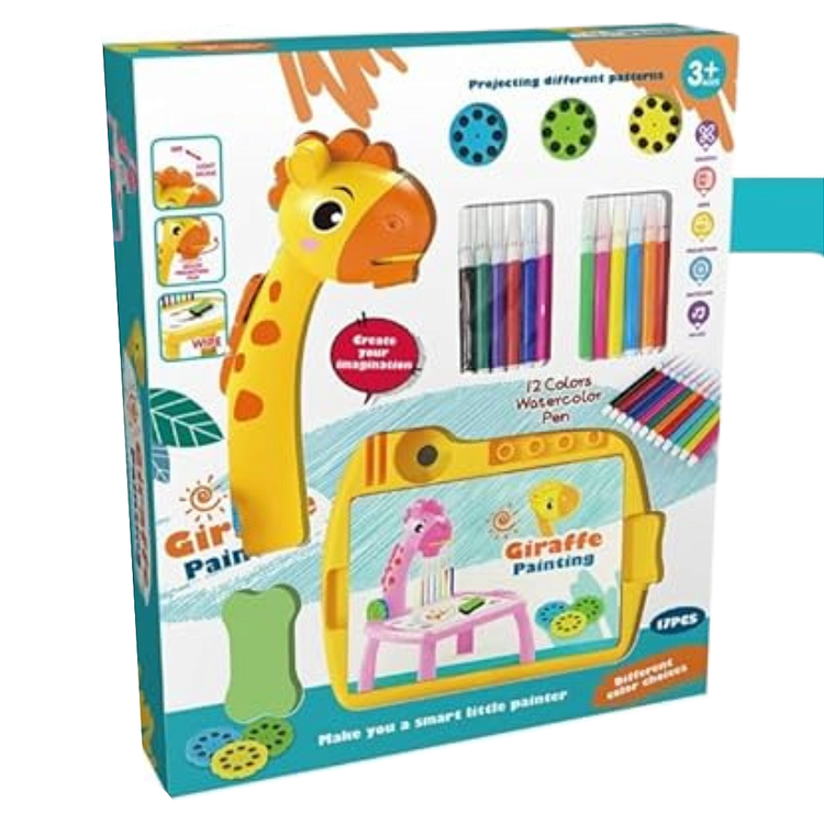 میز نقاشی سوپرگراف طرح زرافه زرد با پروژکتور، تخته پاکشو و پک ۱۲ عددی ماژیک رنگی در ال آی تویز