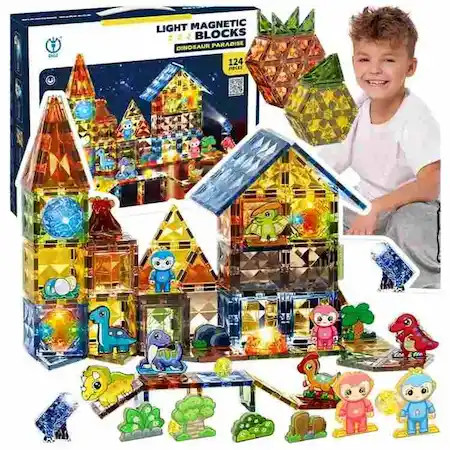 ست ۱۲۴ قطعه مگنت تایل چراغدار طرح دنیای دایناسورها (Dinosaur Paradise) مدل ۸۸۰۳ با فیگورهای مفصلی در فروشگاه ال آی تویز